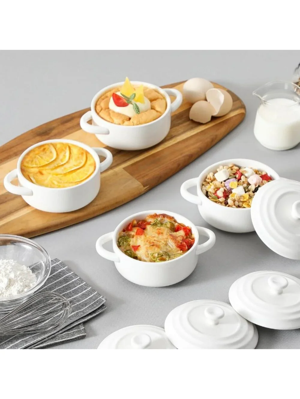 Mini Cocotte Set of 4 - 14 OZ Ceramic Casserole Dishes with Lids & Handles, Oven